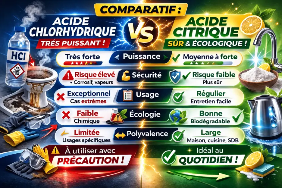 Acide chlorhydrique vs acide citrique : comparatif complet